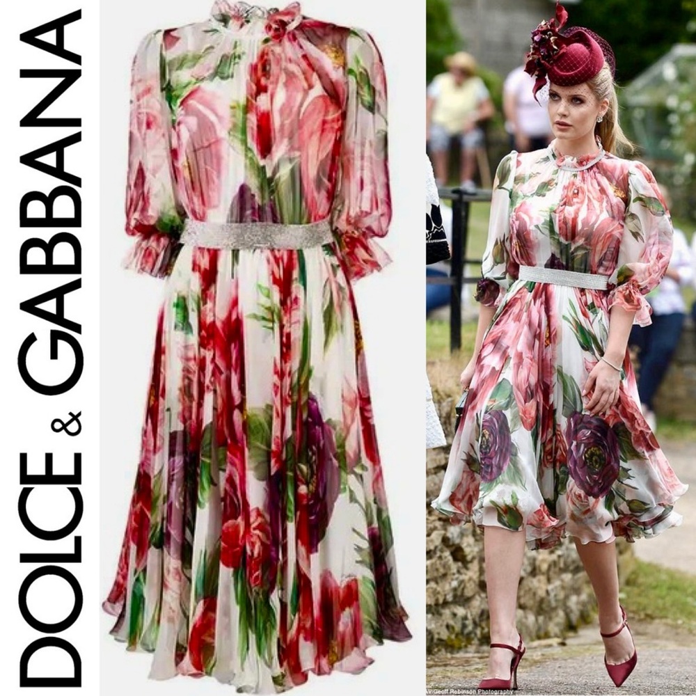 Dolce & Gabbana Peony Print Chiffon Dress With Crystal Belt